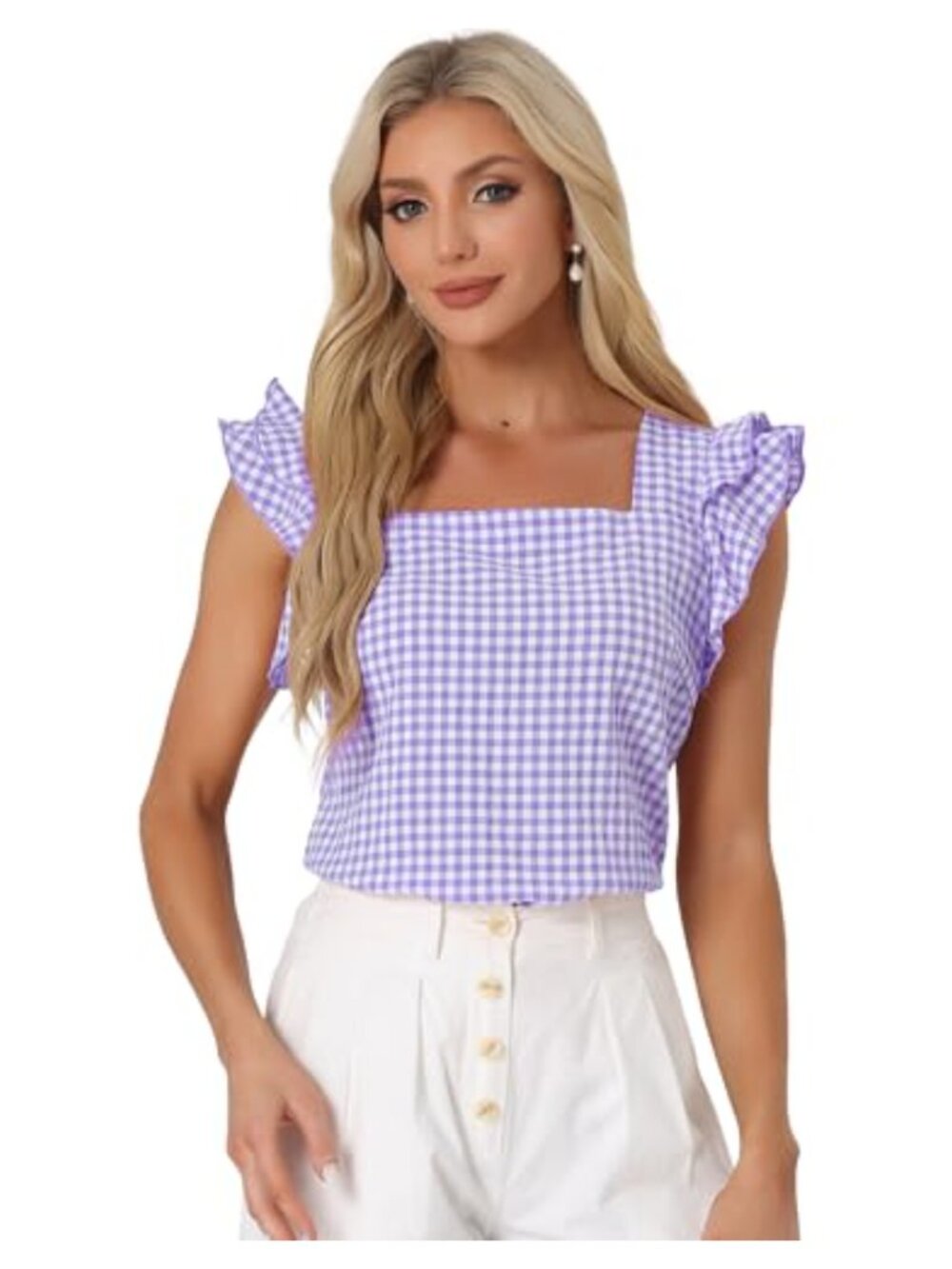 Allegra K Women Gingham Ruffle Cap Sleeve Square Neck Blouse
